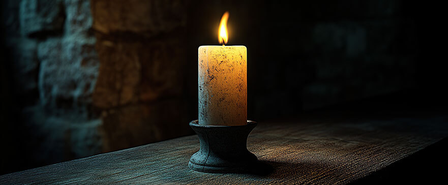 A single candle, lit in the darkness of an old castle room,