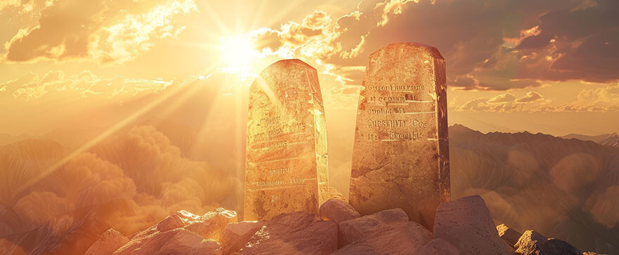 Divine commandments stone tablets on mountain summit bathed in sunlight realistic photo