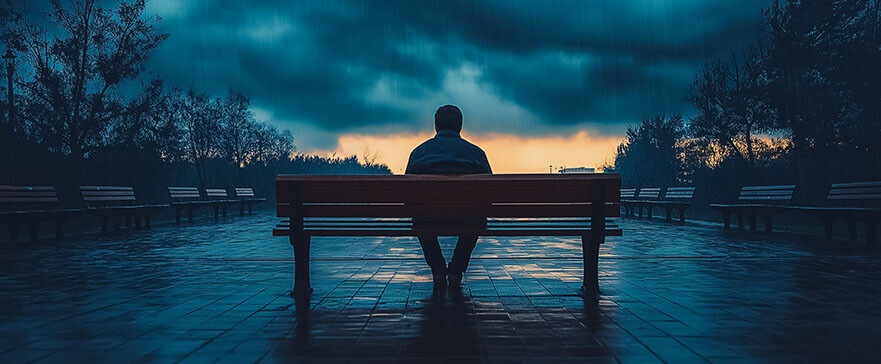 A man sits on a bench in the rain. The sky is dark and cloudy, and the man is lost in thought. The scene is quiet and peaceful, with only the sound of raindrops hitting the ground